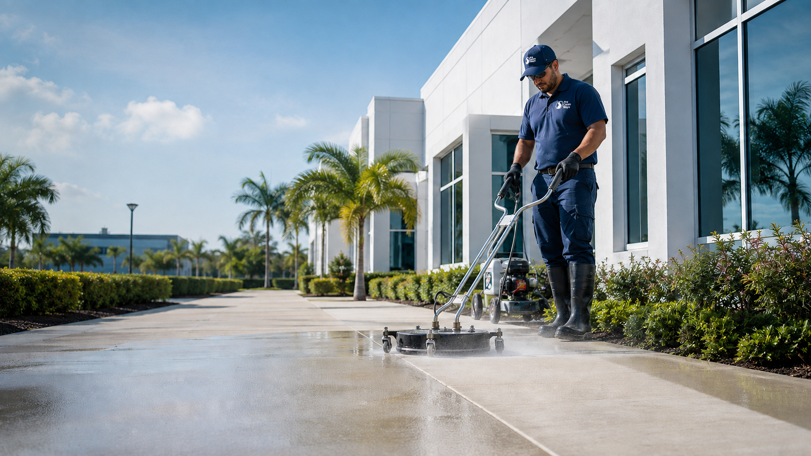 Pro Clean Ways technician pressure cleaning a commercial property walkway